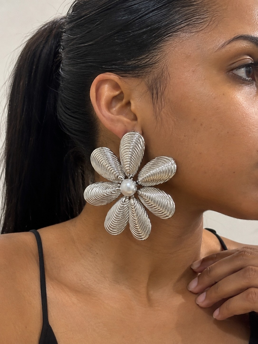 Silver Floral Statement Earrings with Pearl Center